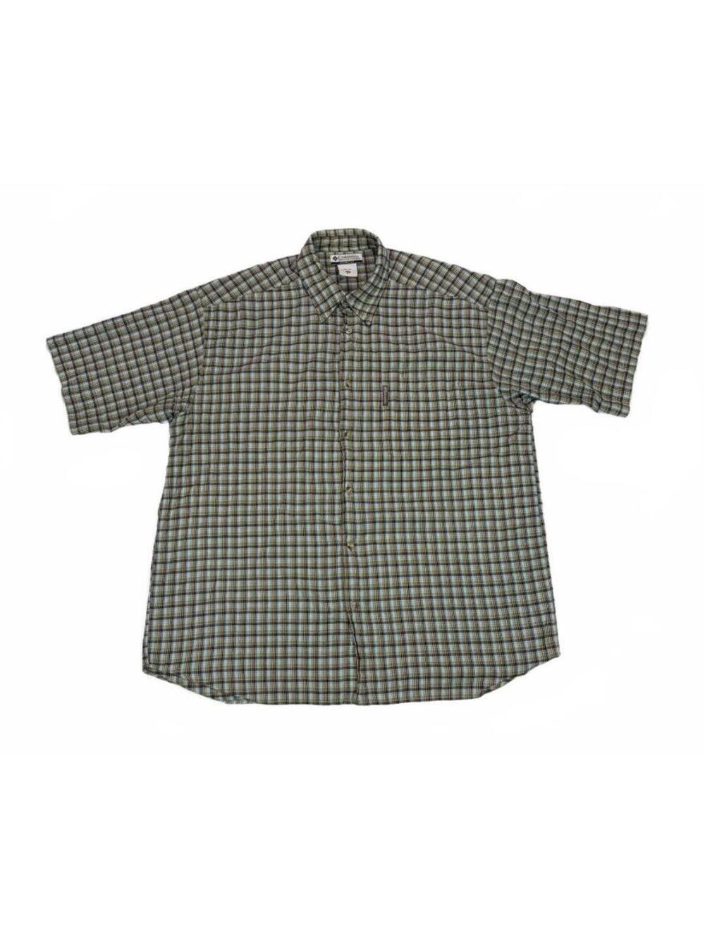 Vintage Plaid Columbia Shirt Mens XXL Short Sleeve Button Down Green Blue Cotton